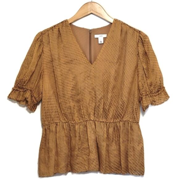 Lewit Silk V Neck Short Sleeve Tan Gold Peplum Blouse Size S - Picture 13 of 13